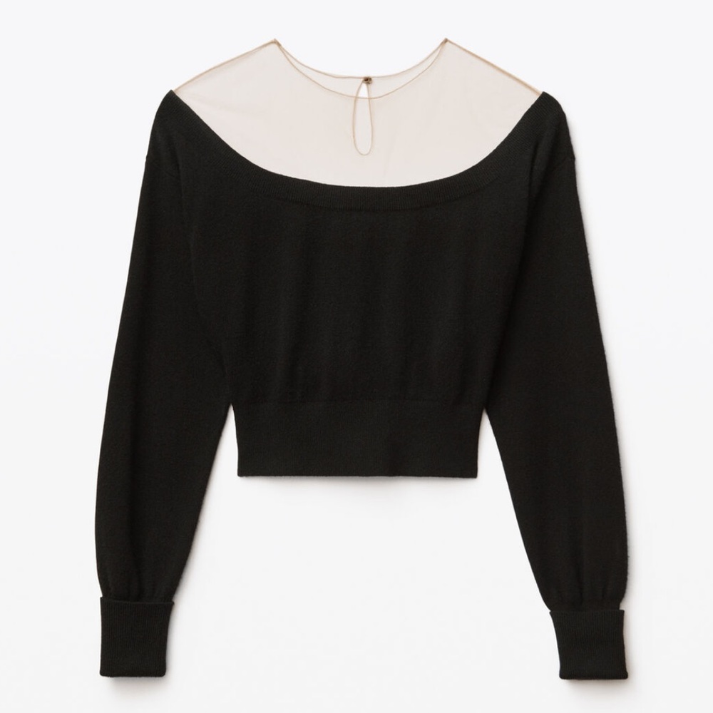 Alexander Wang Black Cropped Sweater with Sheer Cream Yoke